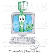 Vector Illustration of a Cartoon Toothbrush Mascot in a Computer by Mascot Junction