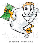 Vector Illustration of a Cartoon Tornado Mascot Waving a Green Dollar Bill by Mascot Junction