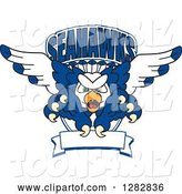 Vector Illustration of a Cartoon Tough Seahawk Mascot Flying with Claws Extended, out of a Shield with Text and a Blank Banner by Toons4Biz