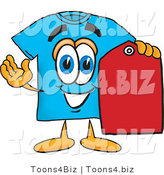 Vector Illustration of a Cartoon T-Shirt Mascot Holding a Red Sales Price Tag by Mascot Junction