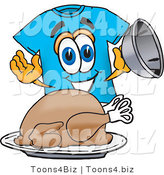 Vector Illustration of a Cartoon T-Shirt Mascot Serving a Thanksgiving Turkey on a Platter by Mascot Junction