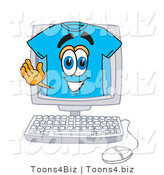 Vector Illustration of a Cartoon T-Shirt Mascot Waving from Inside a Computer Screen by Mascot Junction