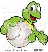 Vector Illustration of a Cartoon Turtle Mascot Catching or Holding out a Baseball by Mascot Junction