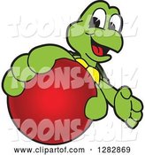 Vector Illustration of a Cartoon Turtle Mascot Catching or Holding out a Red Ball by Mascot Junction