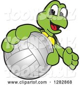 Vector Illustration of a Cartoon Turtle Mascot Catching or Holding out a Volleyball by Mascot Junction