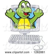 Vector Illustration of a Cartoon Turtle Mascot Emerging from a Desktop Computer Screen by Mascot Junction