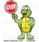 Vector Illustration of a Cartoon Turtle Mascot Gesturing and Holding a Stop Sign by Mascot Junction