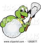 Vector Illustration of a Cartoon Turtle Mascot Holding out a Lacrosse Ball and Stick by Toons4Biz