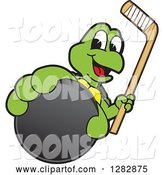 Vector Illustration of a Cartoon Turtle Mascot Holding out an Ice Hockey Puck and Stick by Toons4Biz