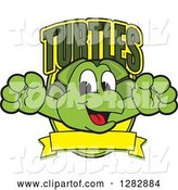 Vector Illustration of a Cartoon Turtle Mascot Leaping out from a Shield with Text and a Blank Banner by Mascot Junction