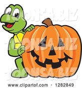 Vector Illustration of a Cartoon Turtle Mascot Looking Around a Halloween Jackolantern Pumpkin by Mascot Junction