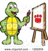 Vector Illustration of a Cartoon Turtle Mascot Painting a Paw Print on an Art Canvas by Mascot Junction