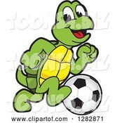 Vector Illustration of a Cartoon Turtle Mascot Playing Soccer by Mascot Junction