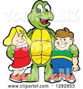 Vector Illustration of a Cartoon Turtle Mascot Posing with Students by Mascot Junction