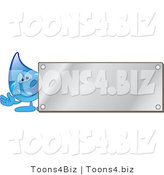 Vector Illustration of a Cartoon Water Drop Mascot by a Blank Silver Plaque by Mascot Junction