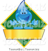 Vector Illustration of a Cartoon Water Drop Mascot Logo with a Green Diamond and a Blank Gold Banner by Mascot Junction