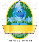 Vector Illustration of a Cartoon Water Drop Mascot Logo with a Green Oval and a Blank Gold Banner by Mascot Junction