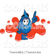 Vector Illustration of a Cartoon Water Drop Mascot Pointing up and Standing in Front of a Red Paint Splatter on a Business Logo by Mascot Junction