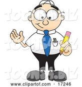 Vector Illustration of a Cartoon White Businessman Nerd Mascot Holding a Yellow Number 2 Pencil with an Eraser Tip by Mascot Junction