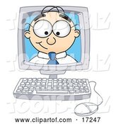 Vector Illustration of a Cartoon White Businessman Nerd Mascot Peeking out from Inside a Desktop Computer Monitor by Mascot Junction