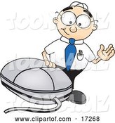 Vector Illustration of a Cartoon White Businessman Nerd Mascot Waving and Standing by a Computer Mouse by Toons4Biz