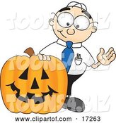 Vector Illustration of a Cartoon White Businessman Nerd Mascot with a Carved Halloween Pumpkin by Mascot Junction