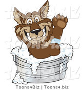 Vector Illustration of a Cartoon Wolf Mascot Bathing with Soap in a Metal Tub by Mascot Junction