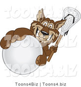 Vector Illustration of a Cartoon Wolf Mascot Grabbing a Lacrosse Ball by Mascot Junction