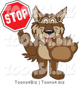 Vector Illustration of a Cartoon Wolf Mascot Holding a Stop Sign by Toons4Biz