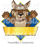Vector Illustration of a Cartoon Wolf Mascot over a Blue Diamond and Blank Gold Banner by Mascot Junction