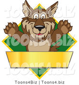 Vector Illustration of a Cartoon Wolf Mascot over a Green Diamond and Blank Gold Banner by Mascot Junction