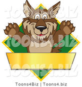 Vector Illustration of a Cartoon Wolf Mascot over a Green Diamond and Blank Gold Banner by Toons4Biz