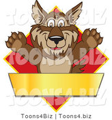 Vector Illustration of a Cartoon Wolf Mascot over a Red Diamond and Blank Gold Banner by Mascot Junction