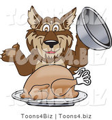 Vector Illustration of a Cartoon Wolf Mascot Serving a Thanksgiving Turkey by Mascot Junction