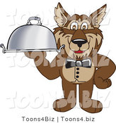 Vector Illustration of a Cartoon Wolf Mascot Waiter Serving a Platter by Mascot Junction