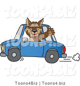 Vector Illustration of a Cartoon Wolf Mascot Waving and Driving a Car by Mascot Junction