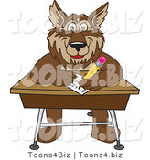 Vector Illustration of a Cartoon Wolf Mascot Writing on a Desk by Mascot Junction
