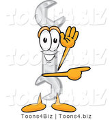 Vector Illustration of a Cartoon Wrench Mascot Waving and Pointing by Toons4Biz