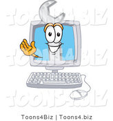 Vector Illustration of a Cartoon Wrench Mascot Waving from Inside a Computer Screen by Mascot Junction