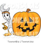 Vector Illustration of a Cartoon Wrench Mascot with a Carved Halloween Pumpkin by Mascot Junction