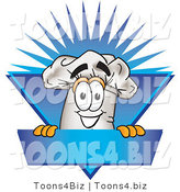 Vector Illustration of a Chef Hat Mascot over a Blank Blue Label by Mascot Junction