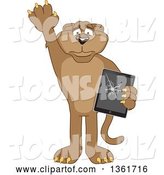 Vector Illustration of a Cougar School Mascot Confessing to Breaking a Tablet Computer, Symbolizing Integrity by Mascot Junction