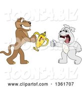 Vector Illustration of a Cougar School Mascot Giving a First Place Trophy to a Bulldog, Symbolizing Teamwork and Sportsmanship by Mascot Junction