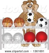 Vector Illustration of a Cougar School Mascot Putting a Soccer Ball Back on a Rack, Symbolizing Respect by Mascot Junction