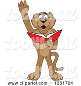 Vector Illustration of a Cougar School Mascot Raising His Hand and Reading a Book, Symbolizing Determination by Mascot Junction