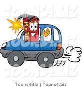 Vector Illustration of a Dynamite Stick Mascot Driving a Blue Car by Mascot Junction