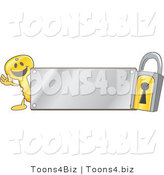 Vector Illustration of a Gold Cartoon Key Mascot and Padlock with a Silver Plate by Toons4Biz