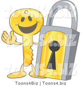 Vector Illustration of a Gold Cartoon Key Mascot by a Padlock by Mascot Junction