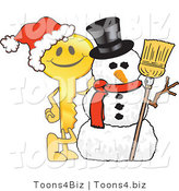 Vector Illustration of a Gold Cartoon Key Mascot by a Snowman by Toons4Biz