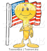 Vector Illustration of a Gold Cartoon Key Mascot by an American Flag by Mascot Junction